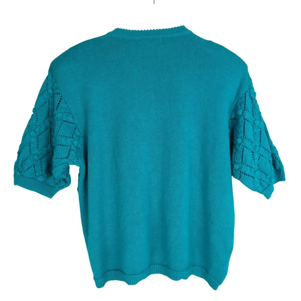 Vintage WORTHINGTON Women's Teal Green Rose Short Sleeve Cardigan Sweater XL
